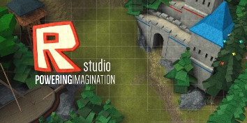 A picture showing a castle, a boat, and a variety of trees on a hill with a Roblox logo and the caption 'Powering Imagination'