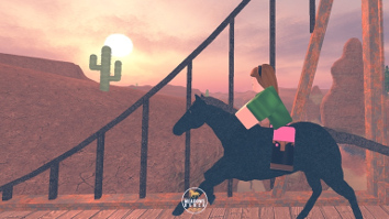 The Meadows Ranch cover art featuring a horse running across a bridge into the sunset