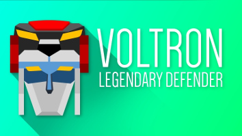 A simple flat design that says 'Voltron: Legendary Defender' on it